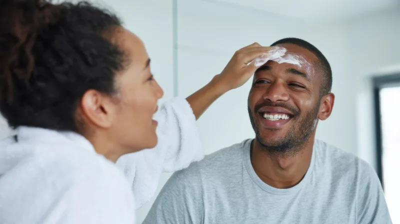Woman applying moisturizer to man's forehead in bathroom mirror, both laughing