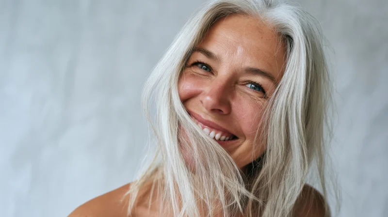Smiling senior woman with white hair and blue eyes in closeup portrait against soft gray background