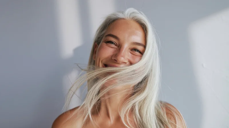 Smiling woman with flowing blonde hair in soft studio light