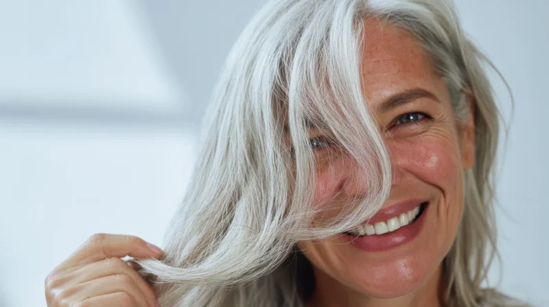 Smiling senior woman holding her gray hair in a closeup portrait