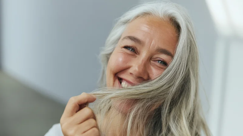 Senior woman smiling with long gray hair, holding a strand near her face in a close-up portrait