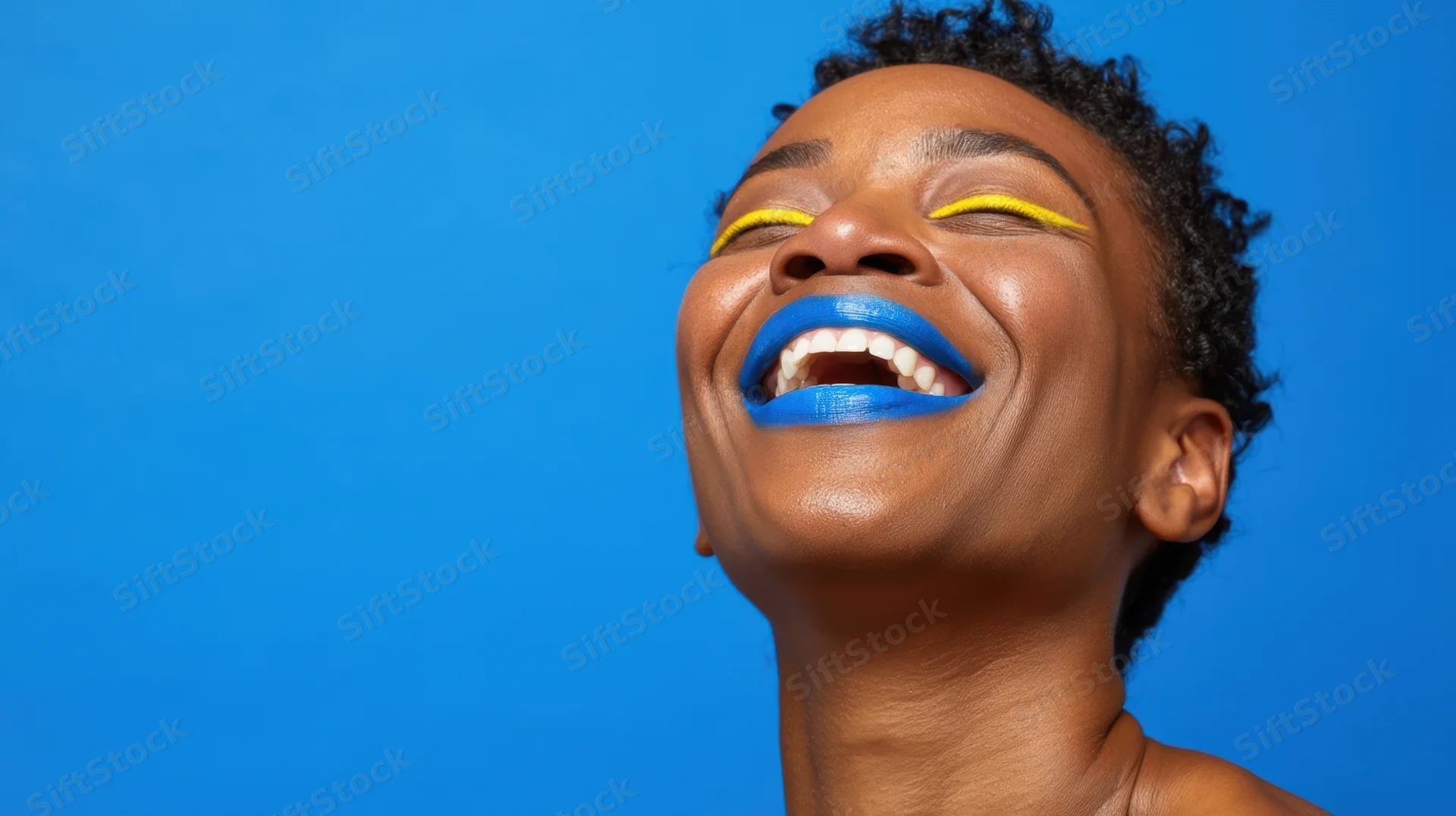 Woman laughing with blue lipstick and yellow eyeliner against a blue background