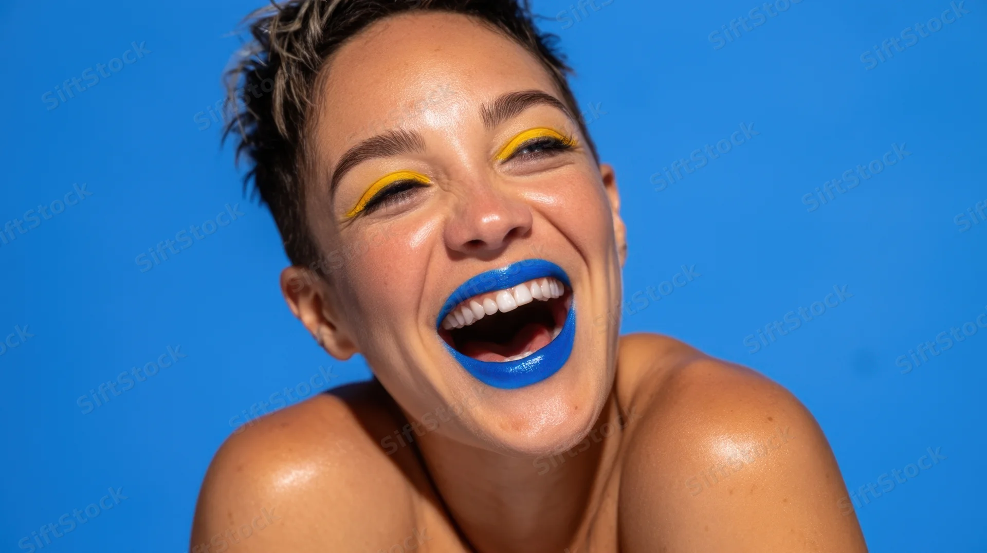 Woman laughing with bold blue lipstick and yellow eyeliner against blue background