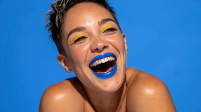 Woman laughing with bold blue lipstick and yellow eyeliner against blue background