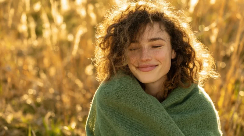 Young woman smiling with eyes closed wrapped in green sweater in golden autumn field
