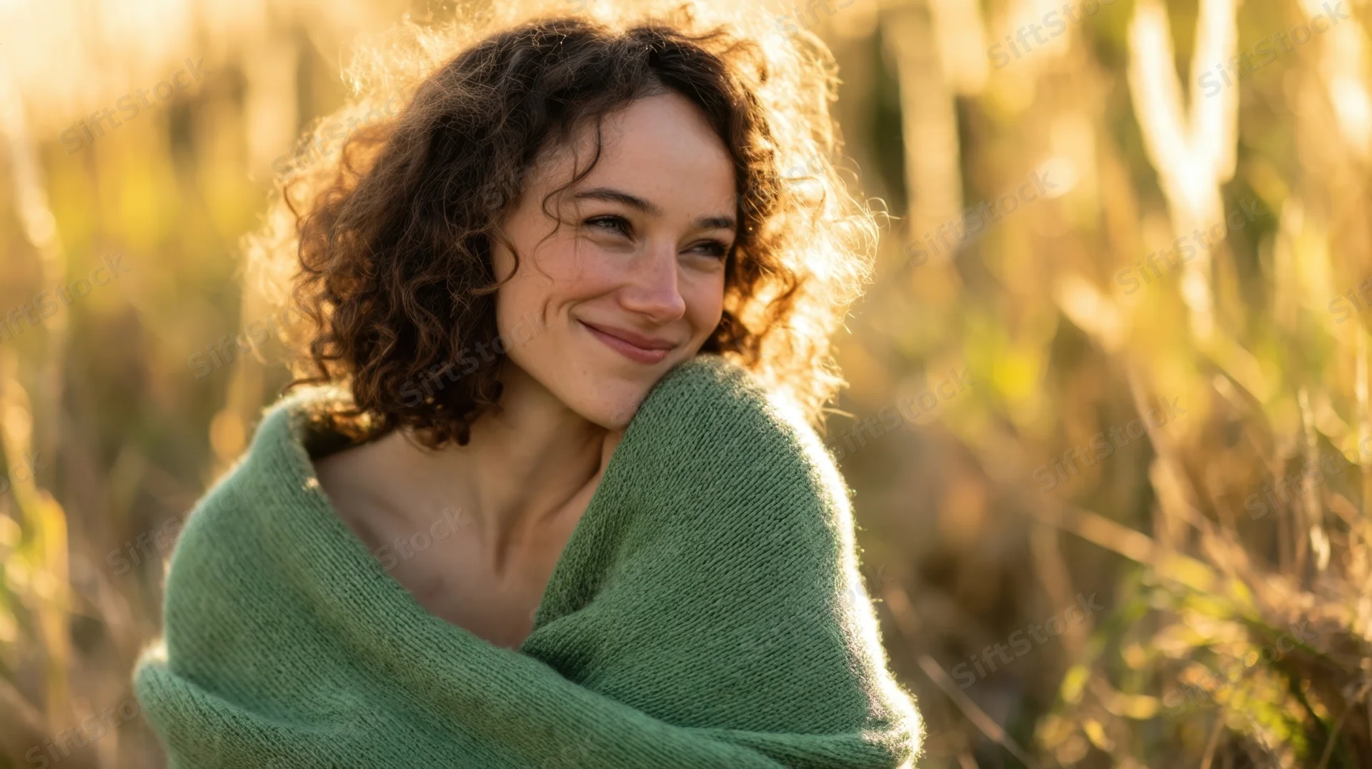 Woman smiling with curly hair wrapped in green sweater in sunlit field