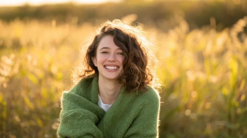 Woman smiling in a sunlit field wrapped in a green sweater