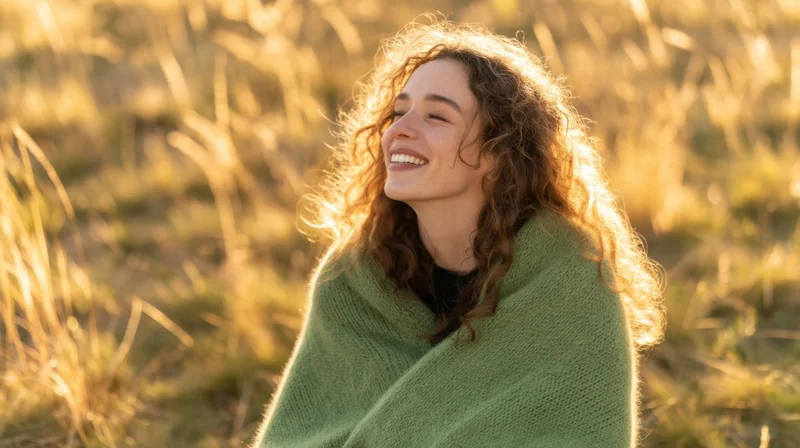 Woman smiling with curly hair wrapped in green knitted sweater in a sunlit grassy field
