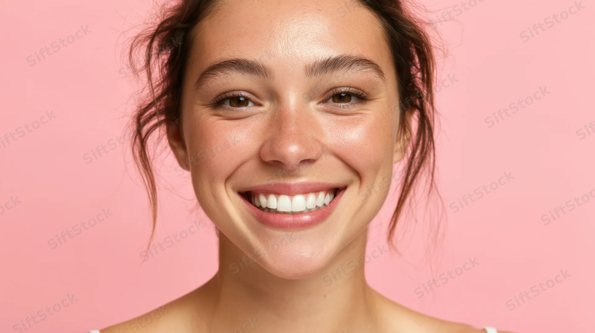 Closeup portrait of a smiling young woman with radiant skin against a pink background