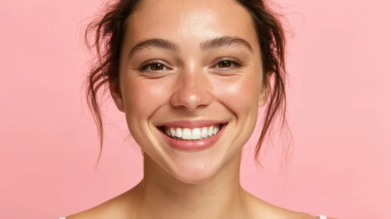 Closeup portrait of a smiling young woman with radiant skin against a pink background
