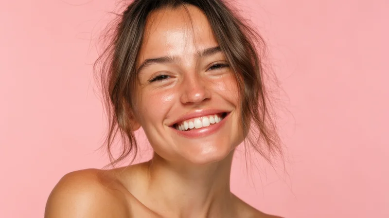 Young woman smiling joyfully against a pink background with copyspace on the right