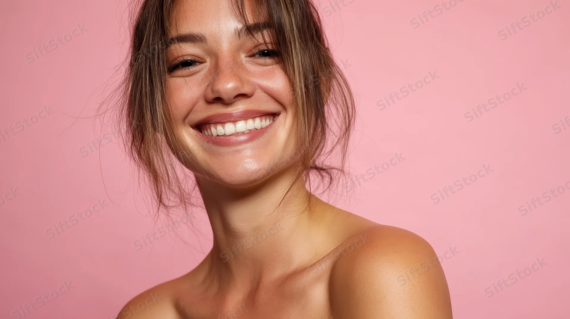 Smiling woman with radiant skin against pink background