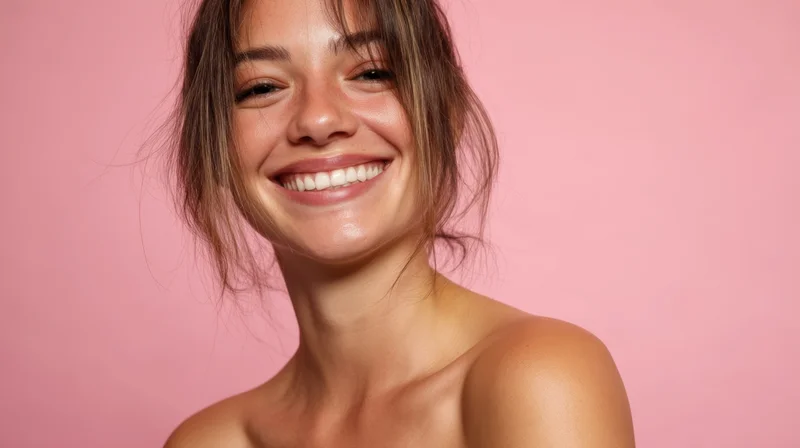 Smiling woman with radiant skin against pink background