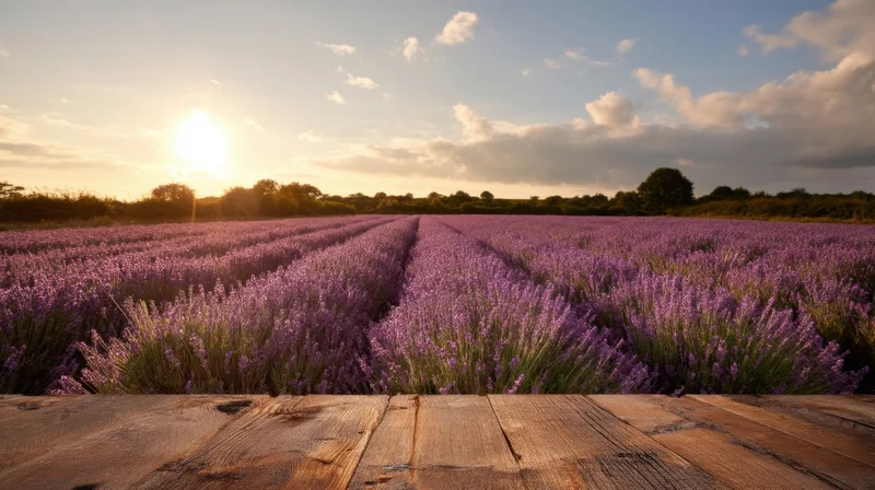 Lavender field at sunset with wooden deck in foreground