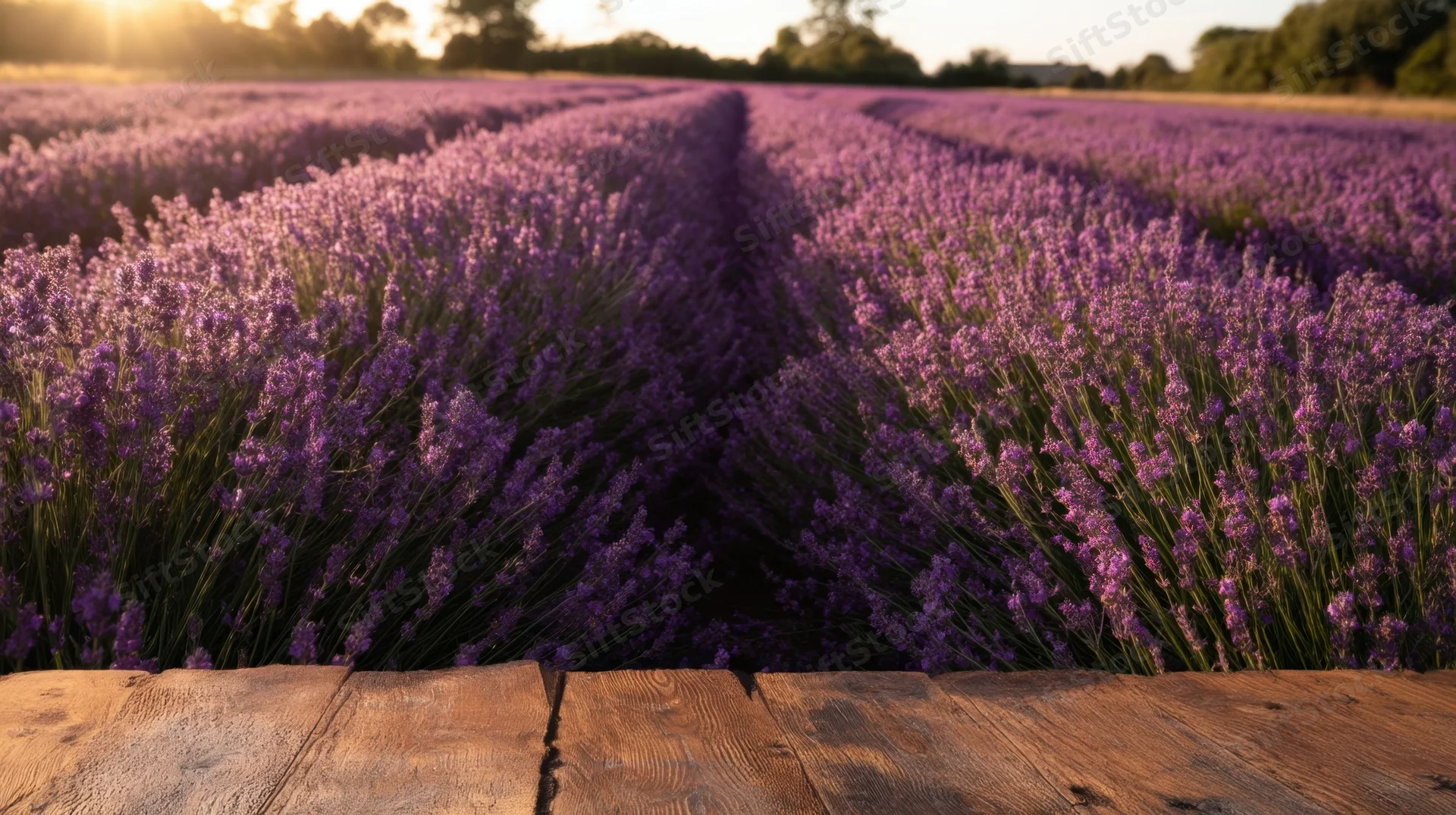 Lavender field in rows stretching into the distance with wooden planks in the foreground at sunset