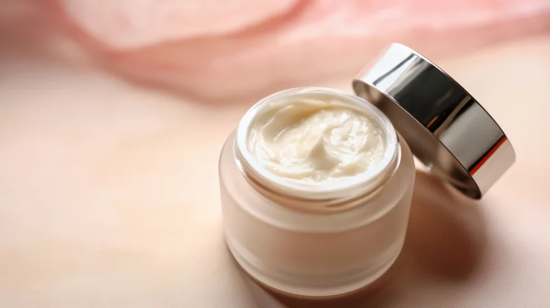 Open jar of white cream on soft pink surface with lid beside it