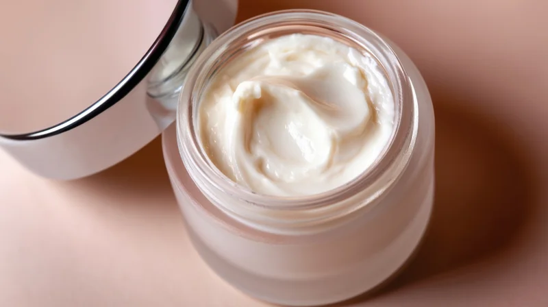 Open glass jar of white cream on a beige surface with lid beside it