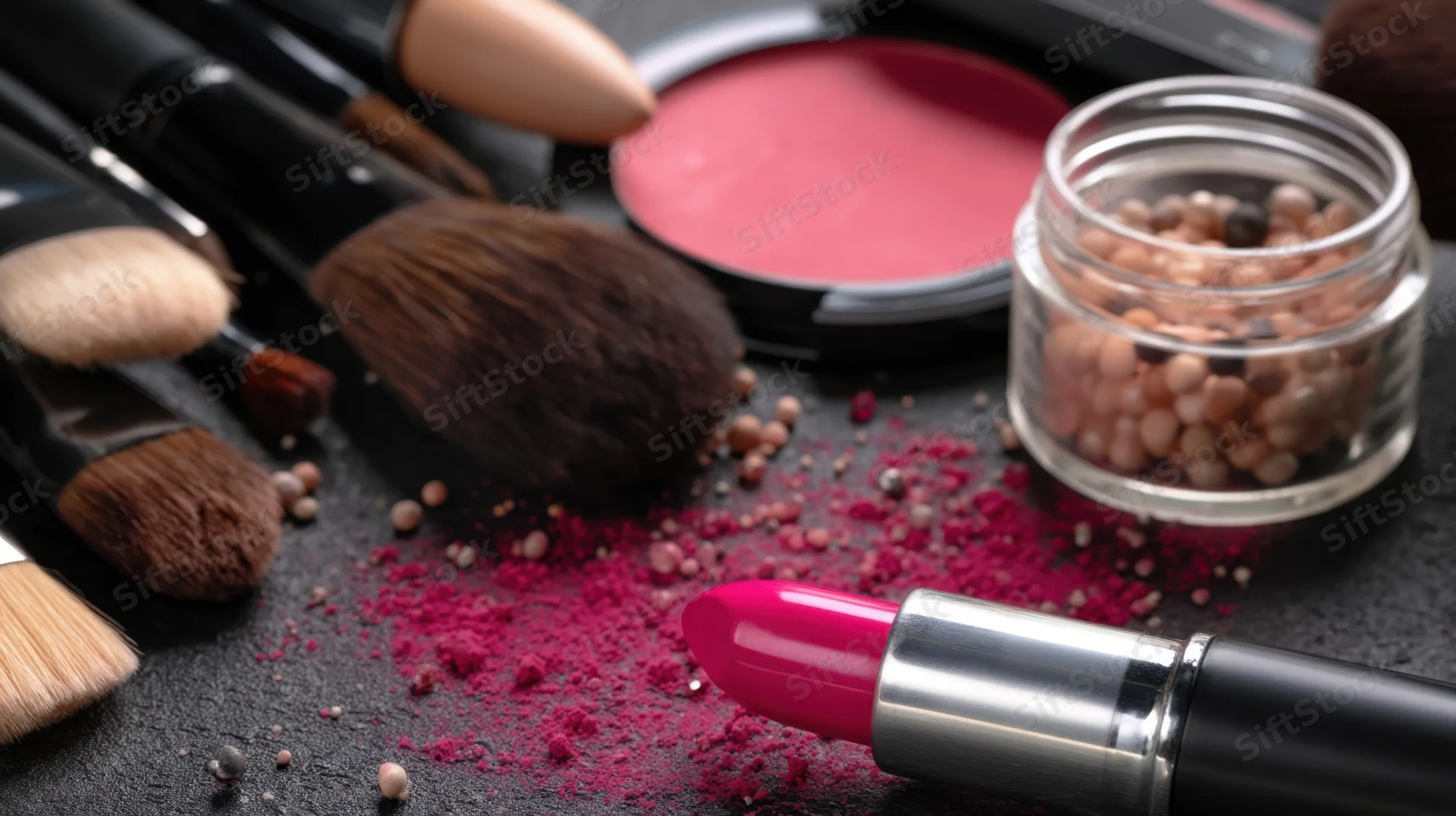 Makeup brushes, lipstick, blush, and eyeshadow scattered on dark surface
