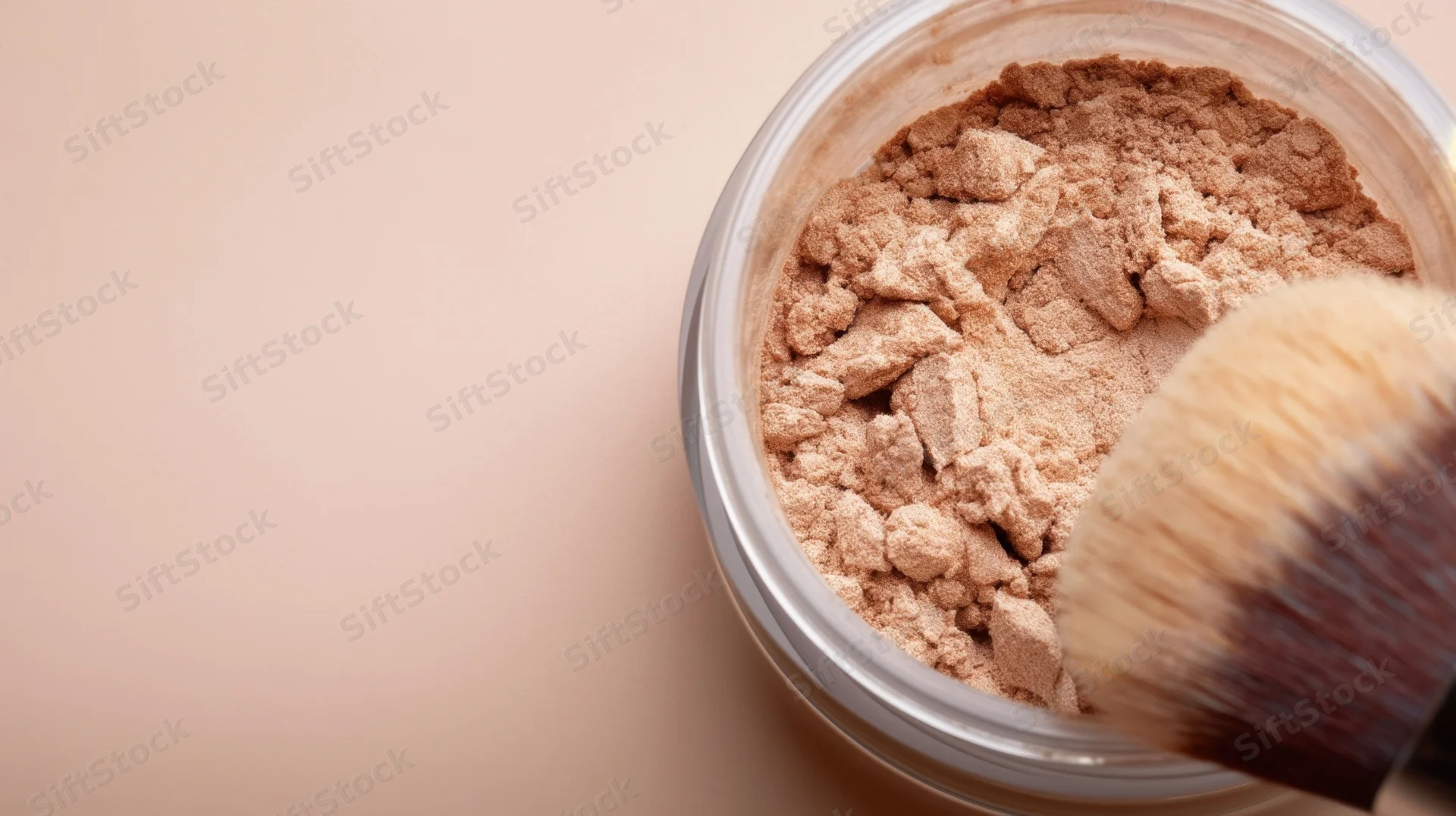 Makeup brush dipping into a jar of beige powder on a smooth surface