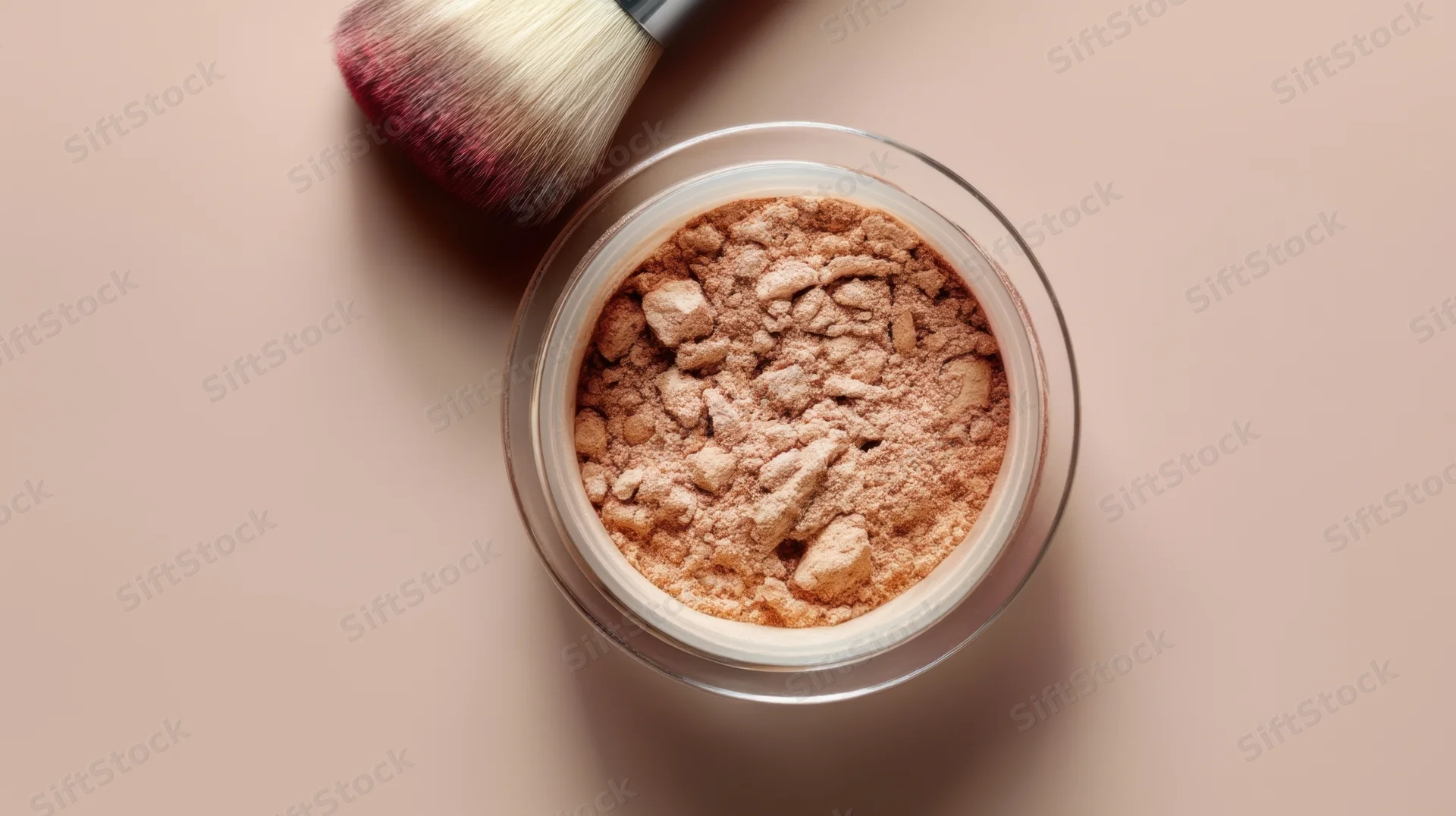 Makeup powder in a clear container with a brush on a beige surface