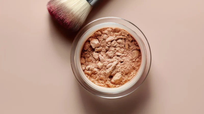 Makeup powder in a clear container with a brush on a beige surface