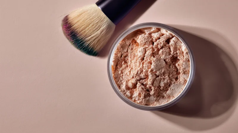 Makeup powder in a clear container with a brush beside it on a beige surface