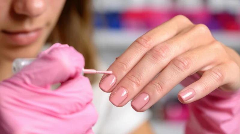 Woman applying pink nail polish to a client's hand in a salon