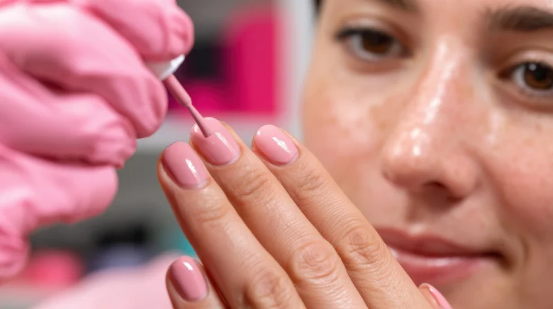 Woman receiving nail polish application in a salon setting
