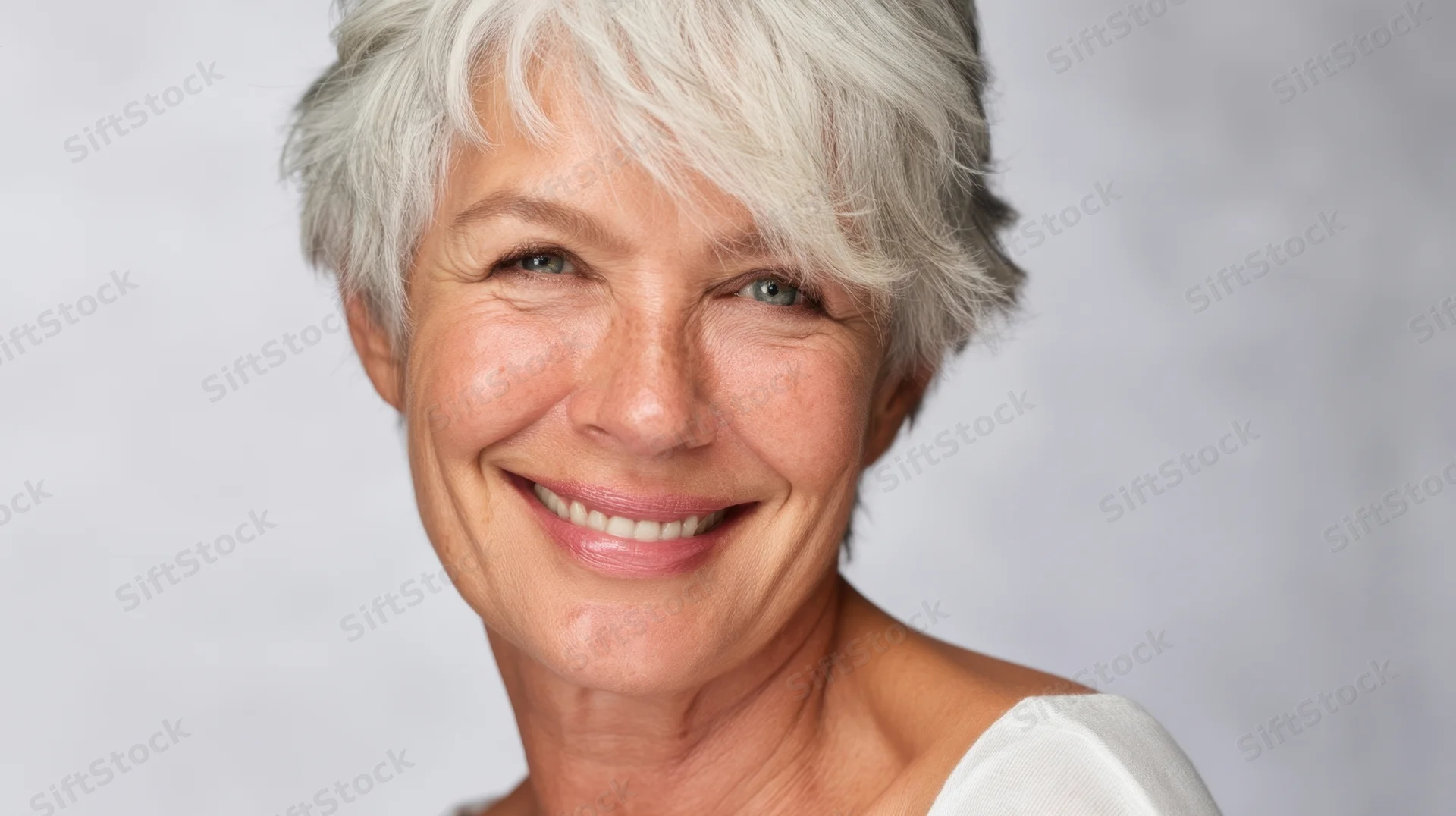 Smiling senior woman with short white hair in a studio portrait