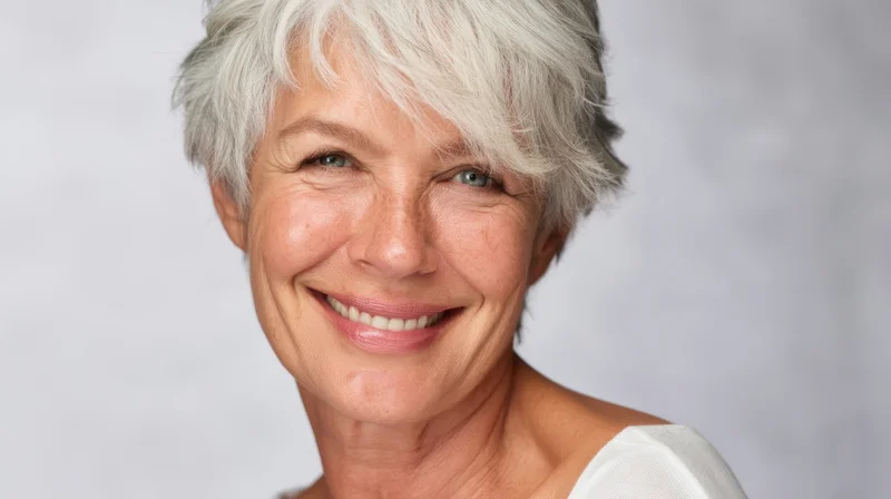Smiling senior woman with short white hair in a studio portrait