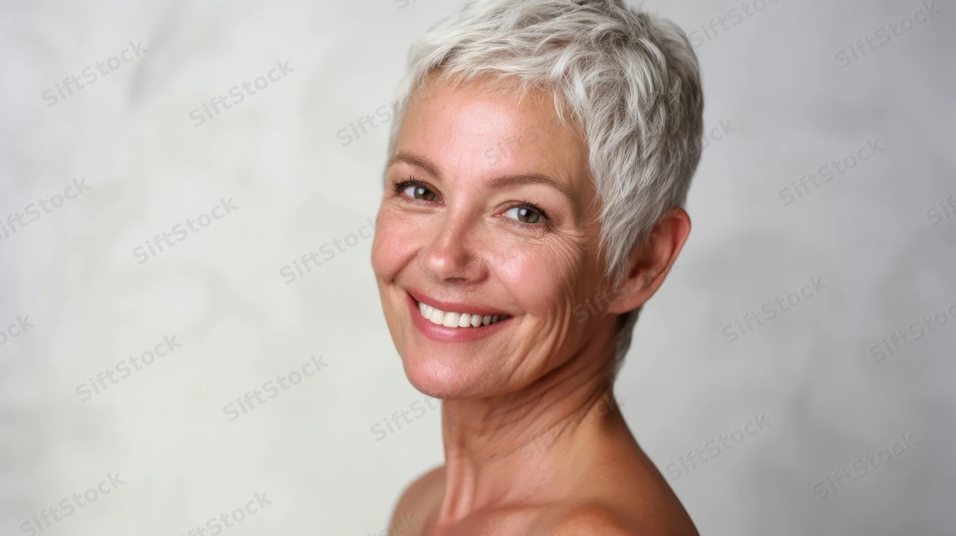 Smiling mature woman with short gray hair in studio portrait