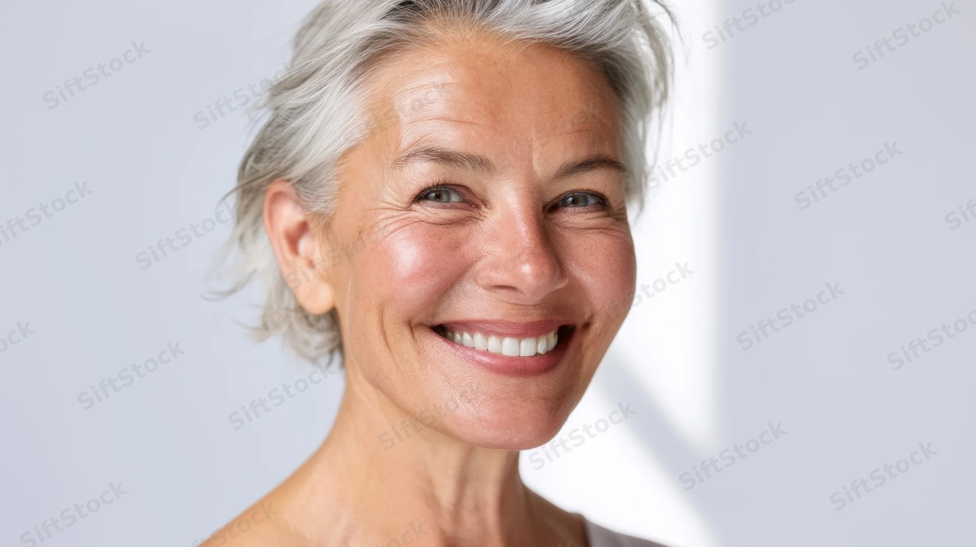 Smiling mature woman with short gray hair in a studio portrait with copyspace