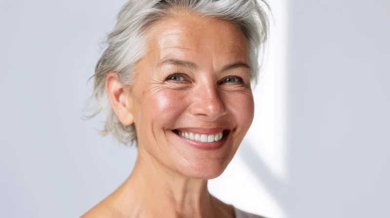 Smiling mature woman with short gray hair in a studio portrait with copyspace