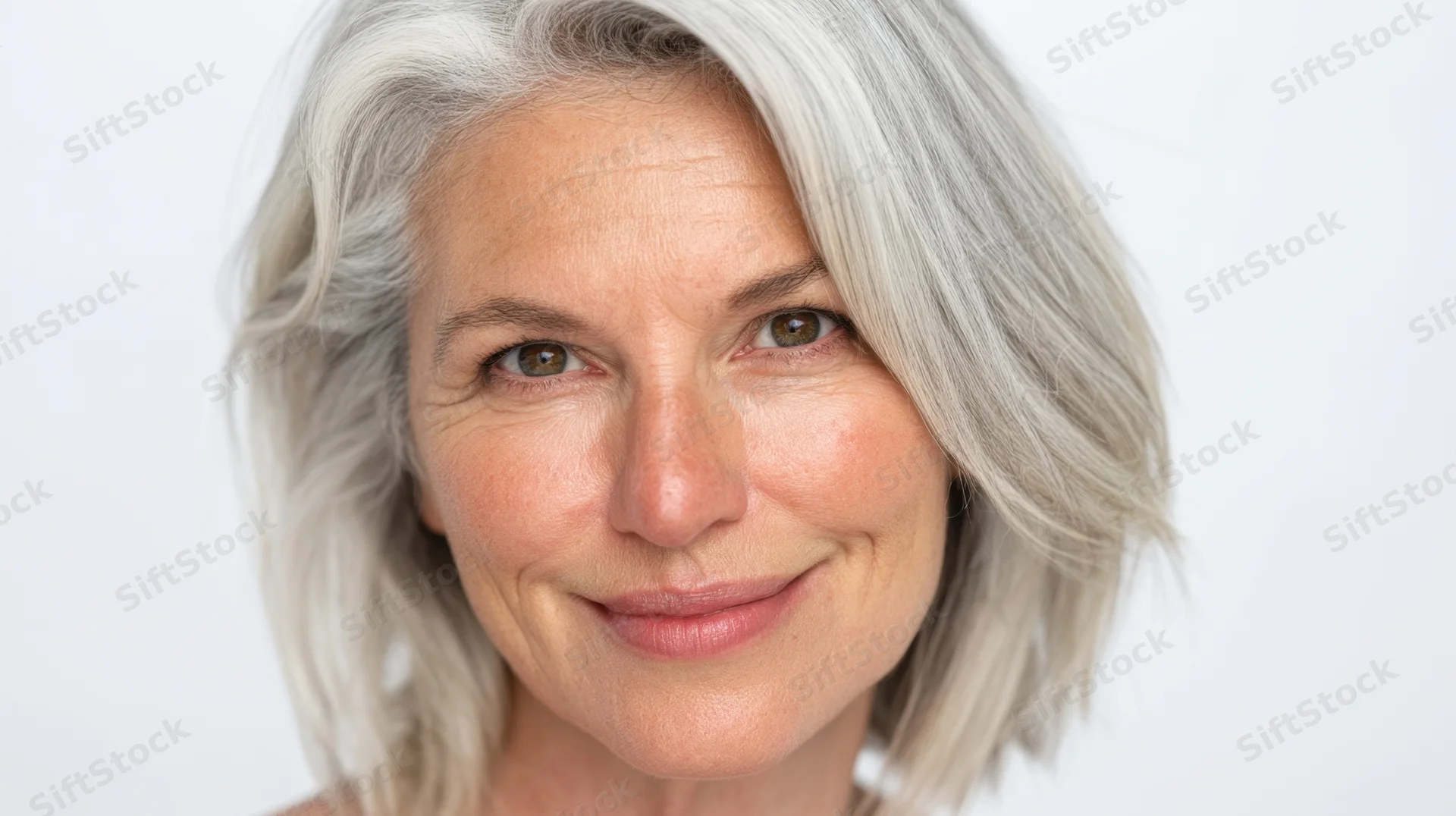 Closeup portrait of a smiling mature woman with silver hair against white background