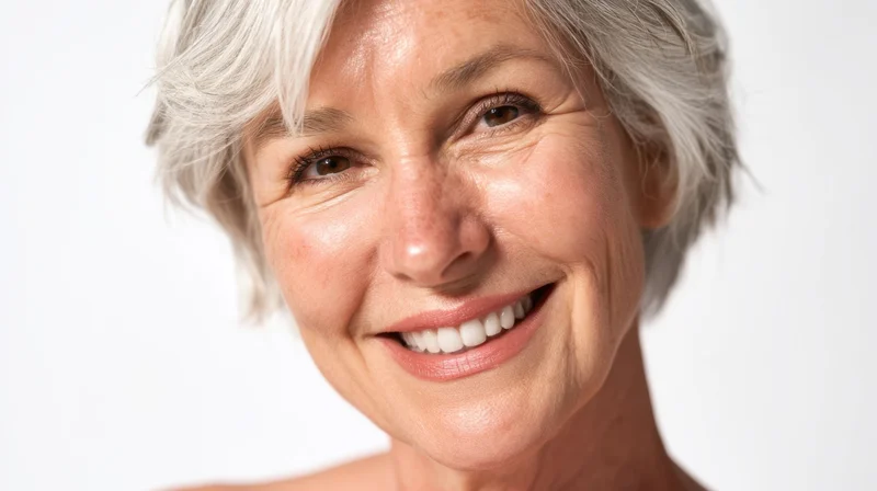 Closeup portrait of a smiling senior woman with gray hair against white background