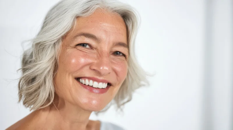 Smiling senior woman with gray hair in a studio portrait