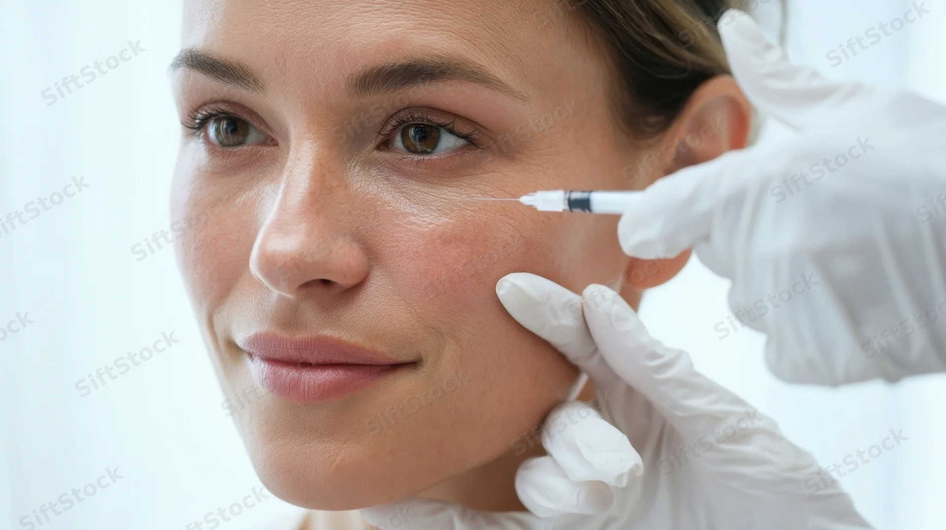 Woman receiving facial injection in a medical clinic