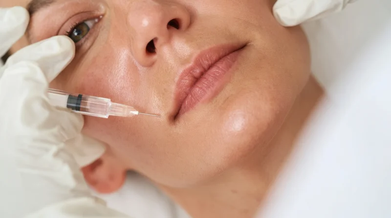 Woman receiving facial injection in a medical clinic
