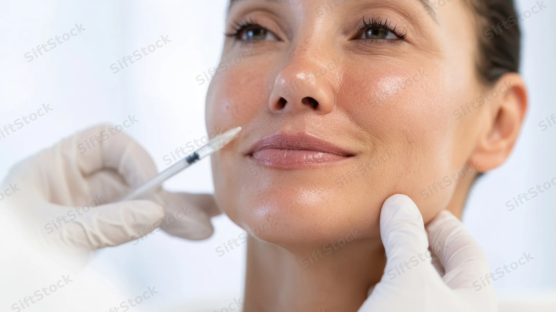 Woman receiving facial injection treatment in a medical clinic