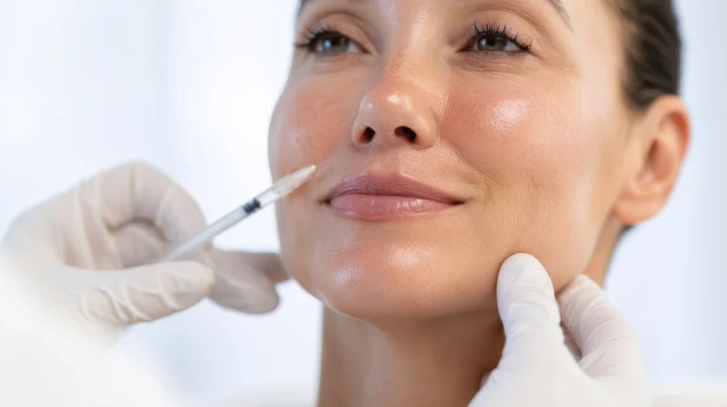 Woman receiving facial injection treatment in a medical clinic