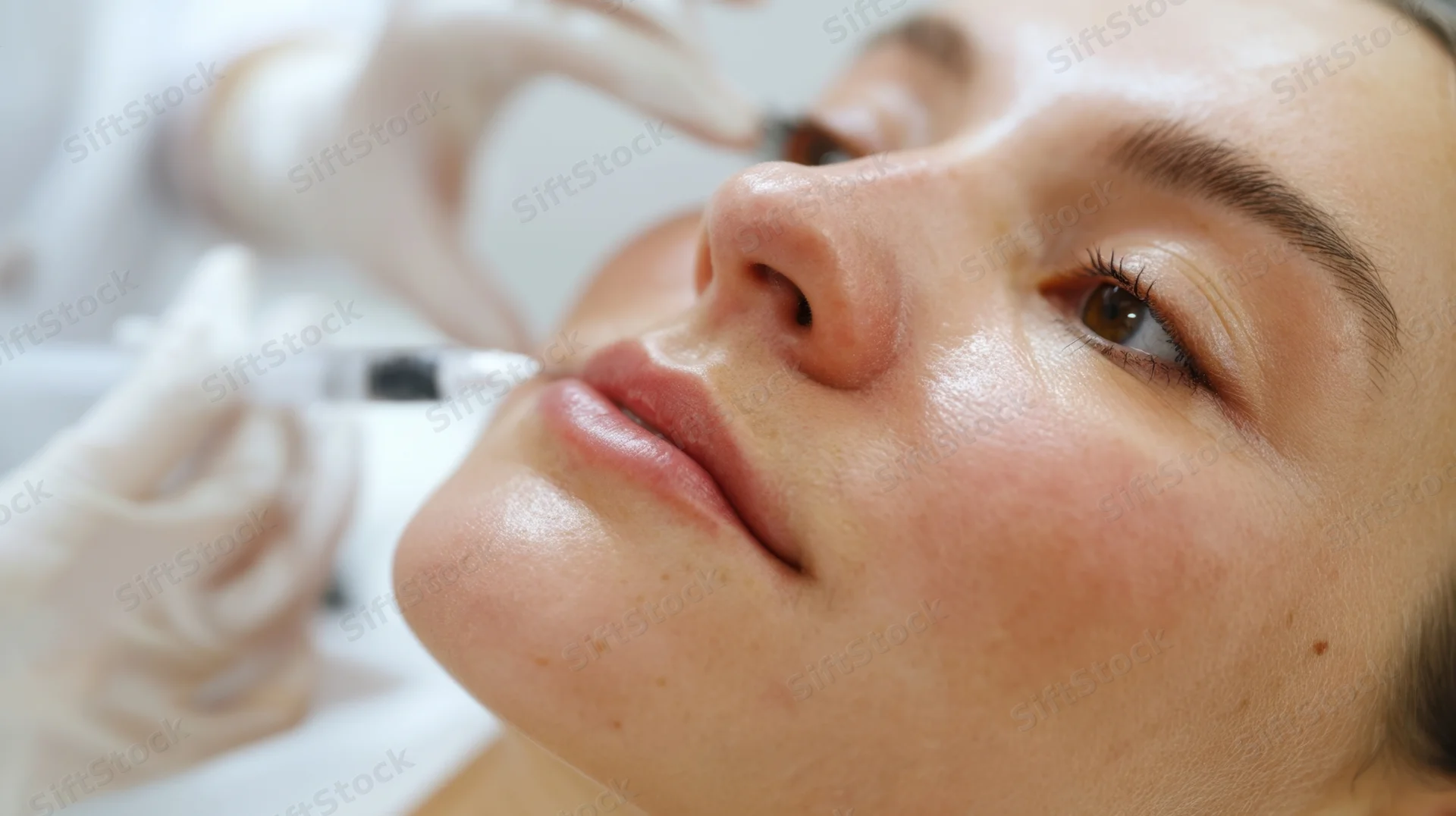 Woman receiving facial injection in a medical clinic