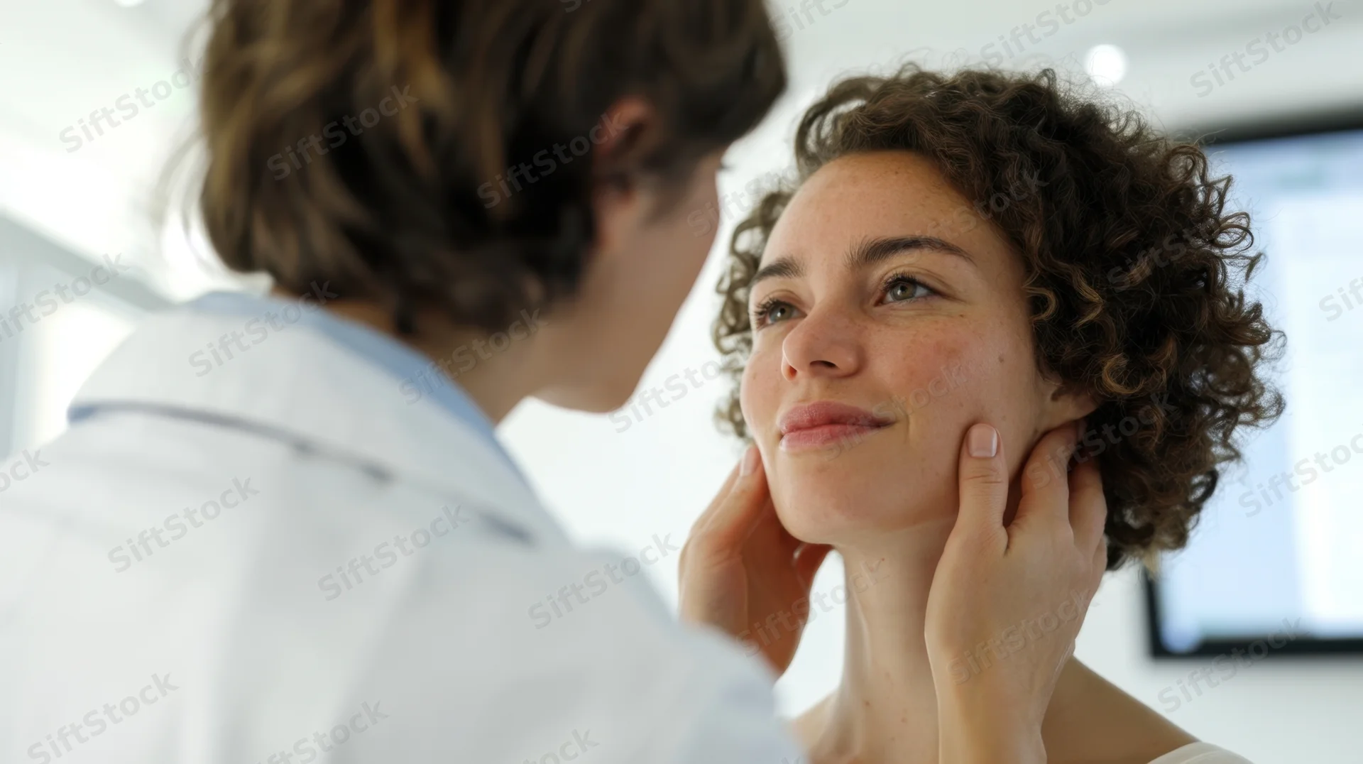 Doctor examining woman's face in clinic setting