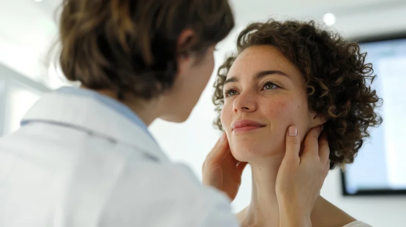Doctor examining woman's face in clinic setting