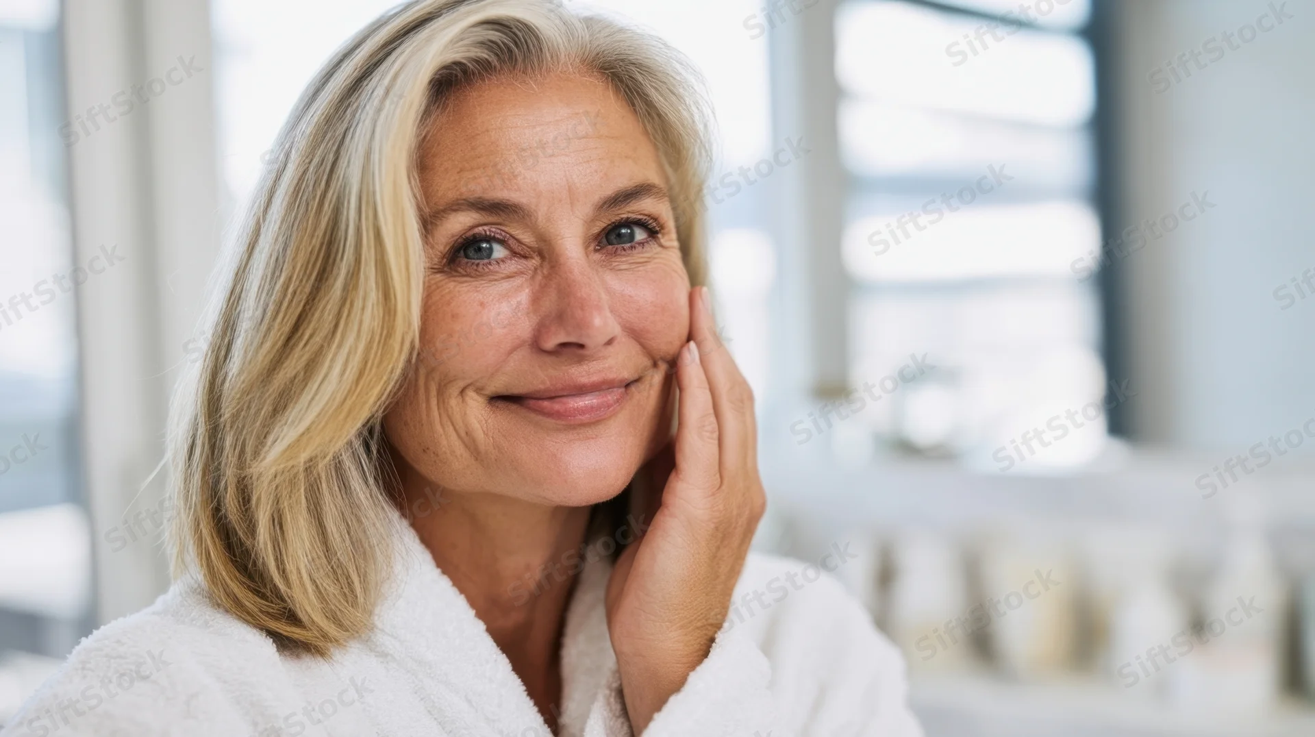 Senior woman smiling gently while touching her face in a bright bathroom wearing a white bathrobe