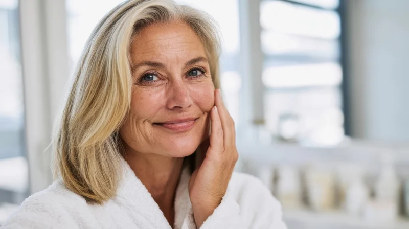 Senior woman smiling gently while touching her face in a bright bathroom wearing a white bathrobe