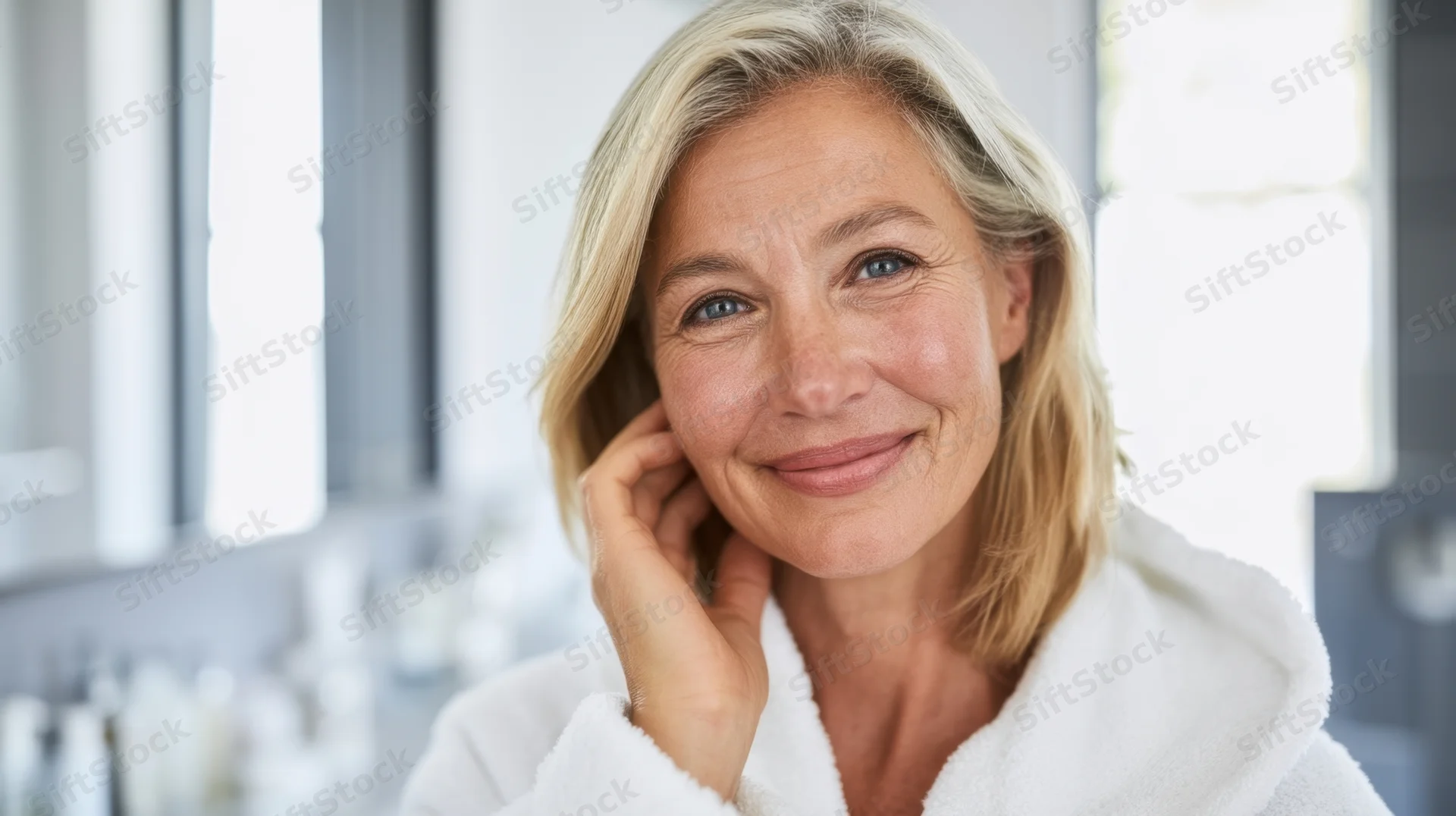 Middle-aged woman smiling in white bathrobe in bathroom with hand near face