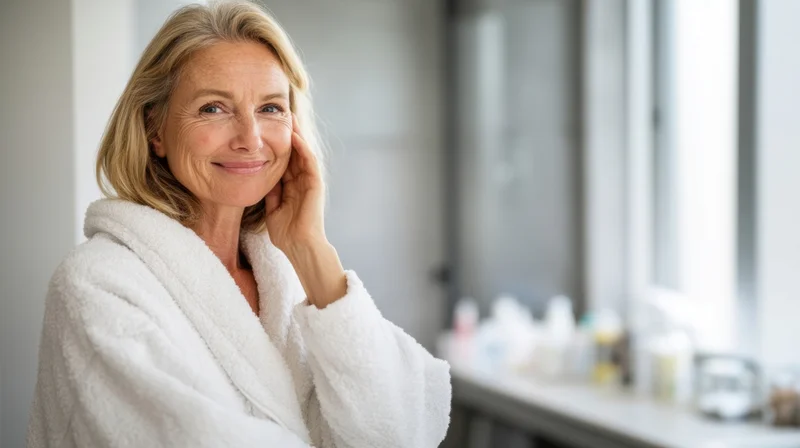 Senior woman smiling while touching her face in a bathroom setting