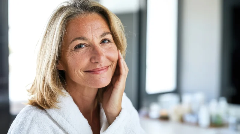 Middle-aged woman smiling gently while touching her face in a bright bathroom