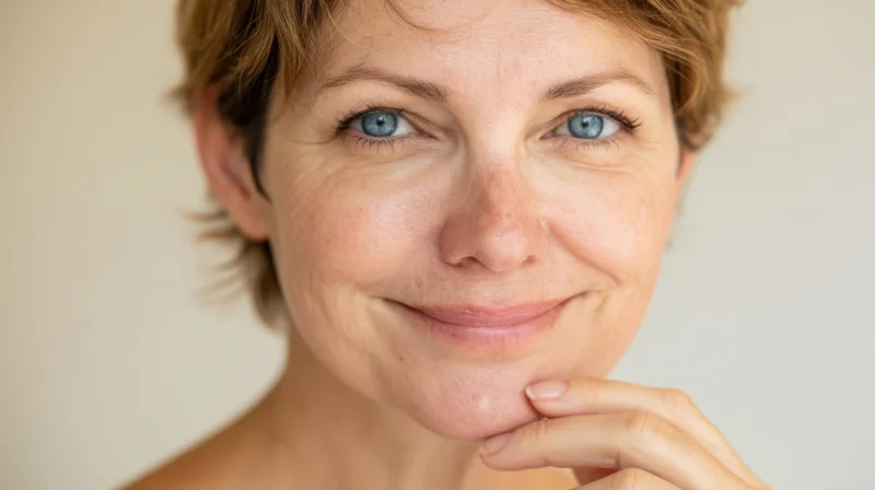 Middle-aged woman smiling with hand on chin in a studio portrait