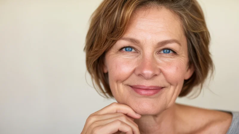 Middleaged woman smiling gently with hand on chin in studio portrait